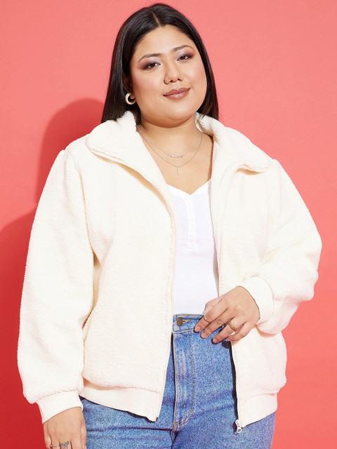 SASSAFRAS Curve Plus Size White Self Design Mock Collar Bomber Jacket