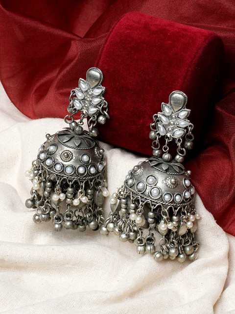 TEEJH Silver-Plated Beaded Dome-Shaped Jhumkas