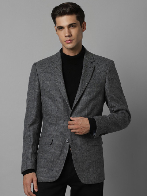 Louis Philippe Checked Notched Lapel Collar Pure Woollen Single Breasted Blazer
