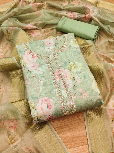 KALINI Floral Printed Organza Unstitched Dress Material - Image 2