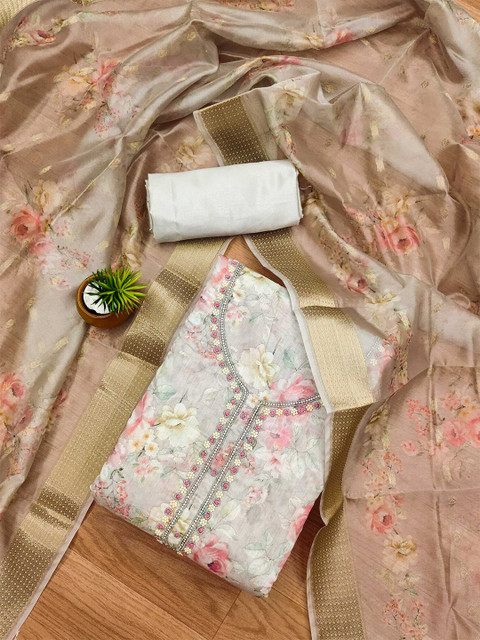 KALINI Floral Printed Organza Beaded Unstitched Dress Material