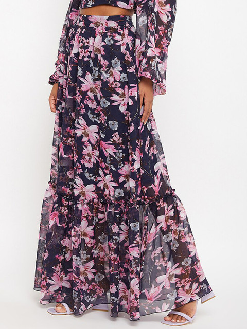 Bitterlime Floral Printed Flared Maxi Skirt - Image 3