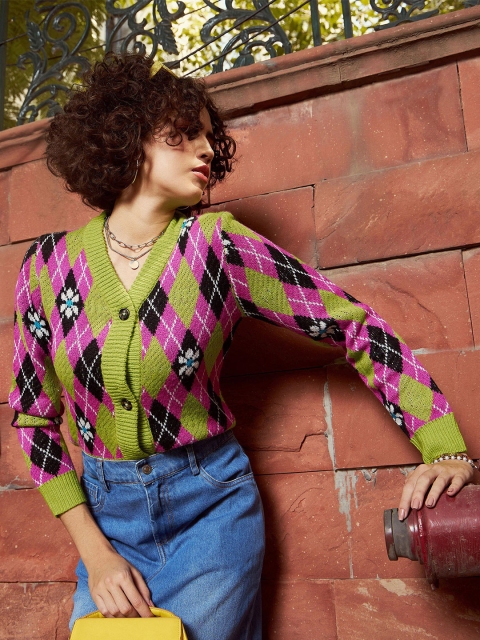 SASSAFRAS Green Geometric Printed Woollen Cardigan