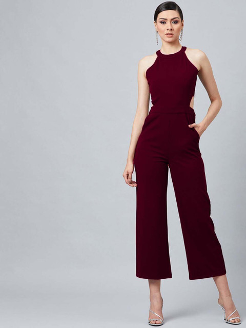 Athena Burgundy Sleeveless Side Cut-Out Detailed Basic Jumpsuit