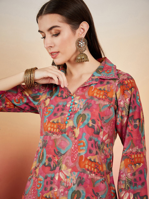 Sangria Pink Floral Printed Shirt Collar Tunic & Trouser - Image 2