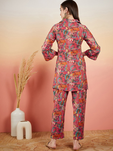 Sangria Pink Floral Printed Shirt Collar Tunic & Trouser - Image 5