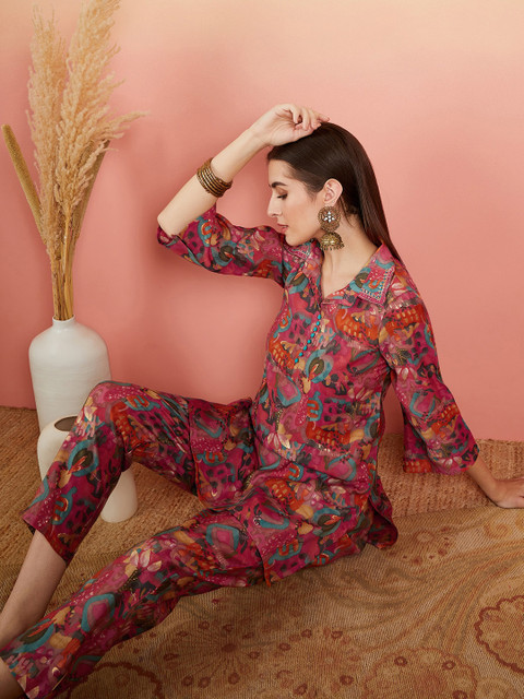 Sangria Pink Floral Printed Shirt Collar Tunic & Trouser - Image 7