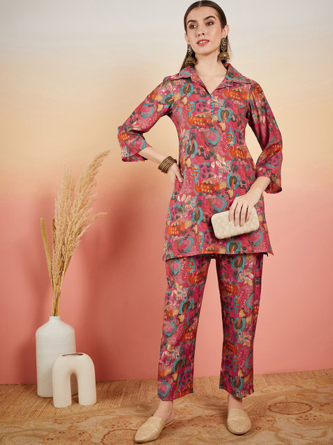 Sangria Pink Floral Printed Shirt Collar Tunic & Trouser - Image 6