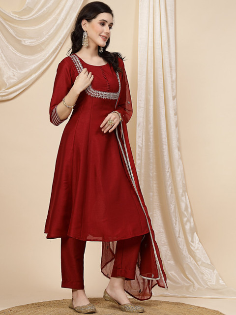 Sangria Maroon Mirror Work Embroidered Anarkali Kurta With Trouser & Dupatta