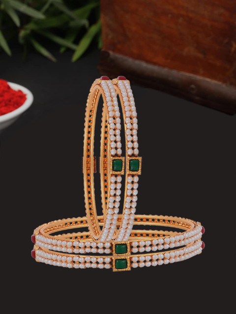 ZENEME Set Of 4Gold Plated CZ Studded Pearl Beaded Bangle