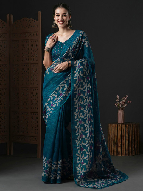 Anouk Teal & White Floral Printed Block Print Saree