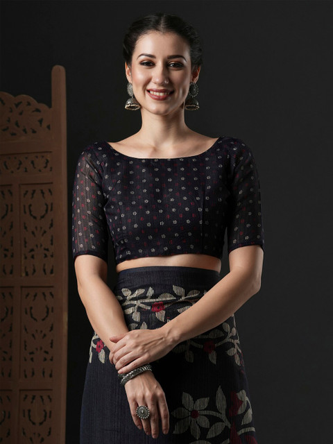 Anouk Black & Red Floral Printed Block Print Saree - Image 7