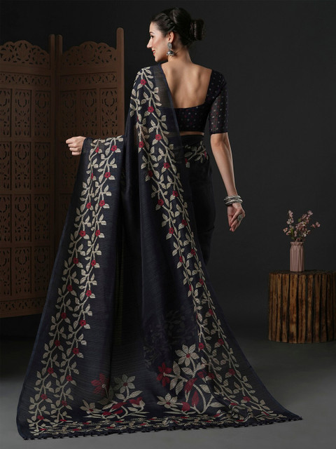 Anouk Black & Red Floral Printed Block Print Saree - Image 3
