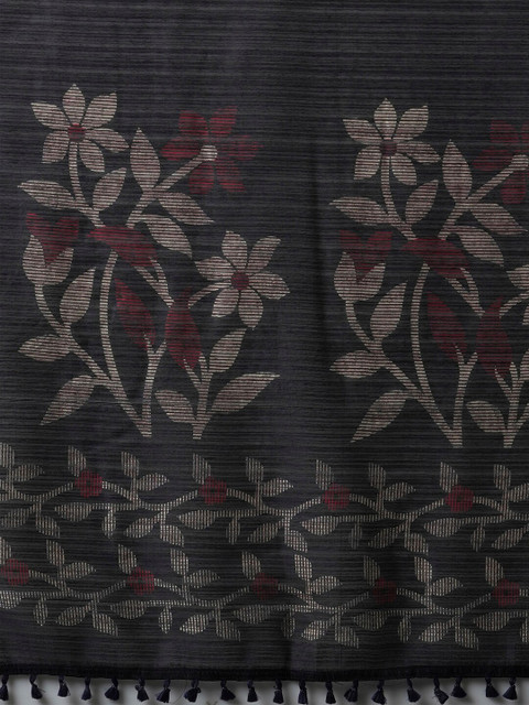 Anouk Black & Red Floral Printed Block Print Saree - Image 6