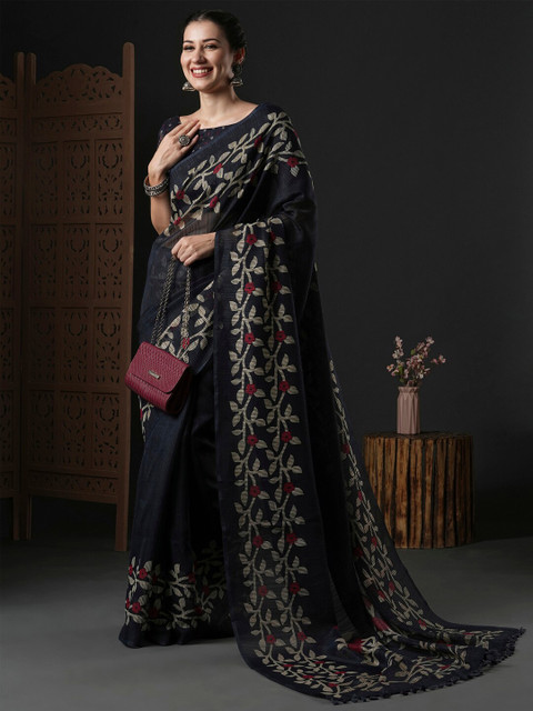 Anouk Black & Red Floral Printed Block Print Saree - Image 2