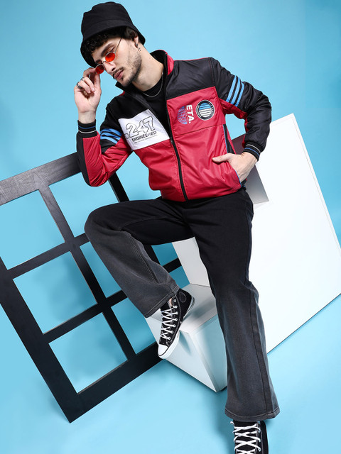 The Indian Garage Co Men Red Crop Outdoor Bomber with Patchwork Jacket - Image 5