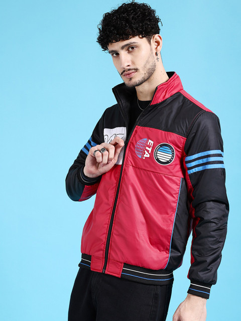 The Indian Garage Co Men Red Crop Outdoor Bomber with Patchwork Jacket - Image 3