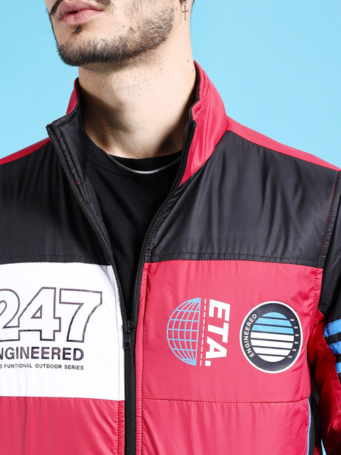The Indian Garage Co Men Red Crop Outdoor Bomber with Patchwork Jacket - Image 2