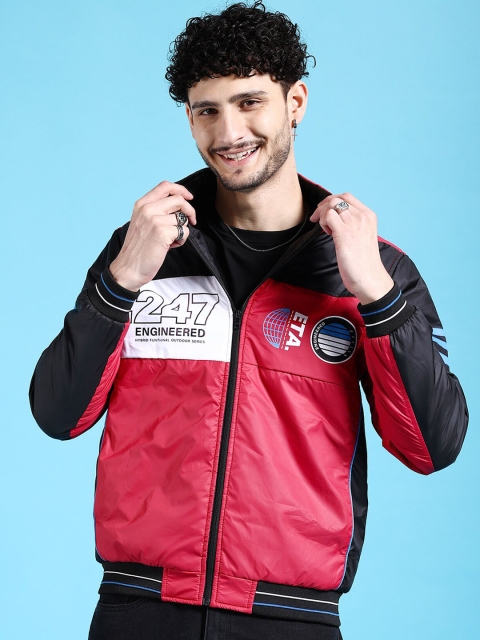 The Indian Garage Co Men Red Crop Outdoor Bomber with Patchwork Jacket