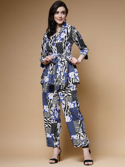 plusS Blue Printed Long Sleeves Shirt With Trousers