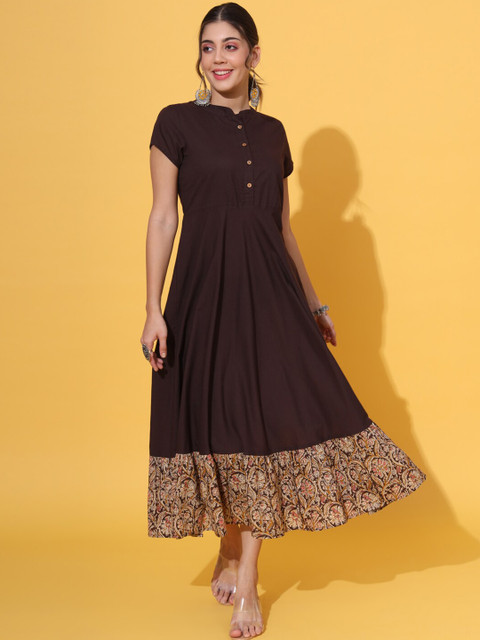 DECKEDUP Mandarin Collar Gathered Cotton Fit & Flare Maxi Ethnic Dress