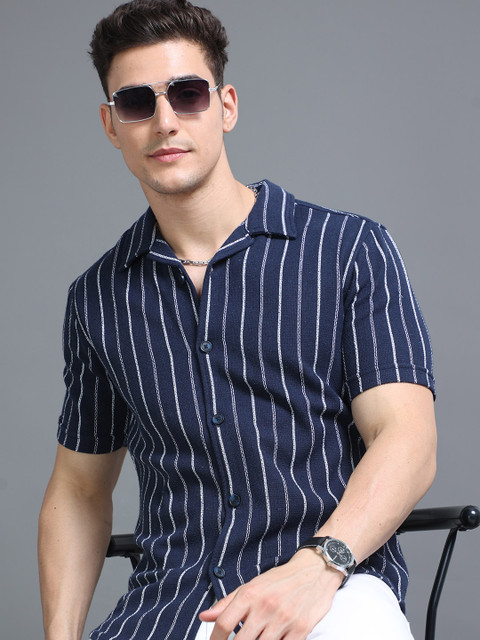 HERE&NOW Striped Cuban Collar Slim Fit Cotton Casual Shirt