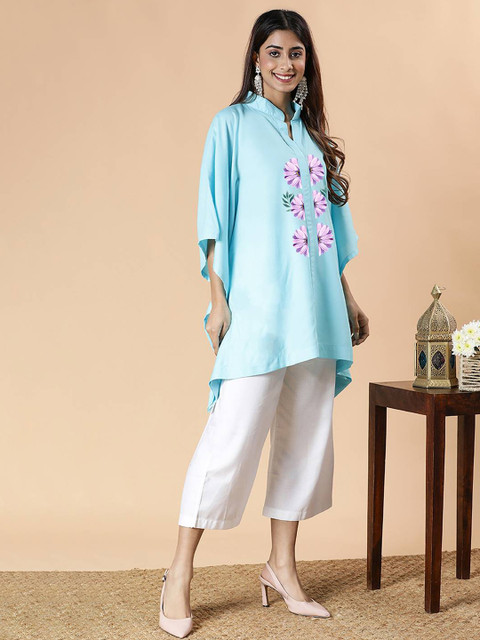 LetsDressUp Floral Printed Mandarin Collar Flared Sleeves Kaftan Kurti - Image 5