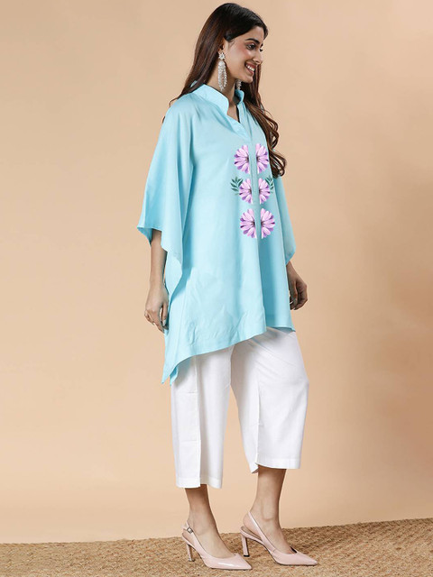 LetsDressUp Floral Printed Mandarin Collar Flared Sleeves Kaftan Kurti - Image 3