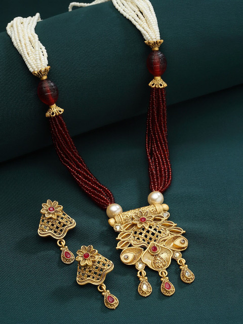 PANASH Gold-Plated Stone-Studded & Beaded Jewellery Set
