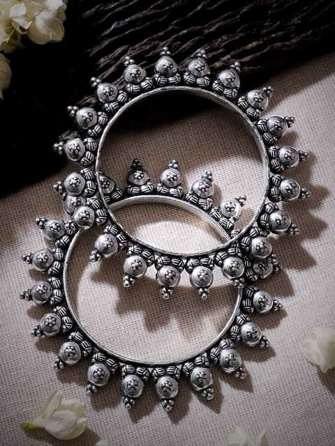 Rubans Set Of 2 Silver-Plated Oxidized Artisan-Crafted Bangles with Ghungroo Beads