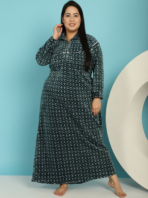 Secret Wish Plus Size Geometric Printed Polo Collar Maxi Nightdress