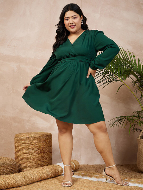 Berrylush Curve Plus Size Green Puff Sleeves Smocked Empire Dress