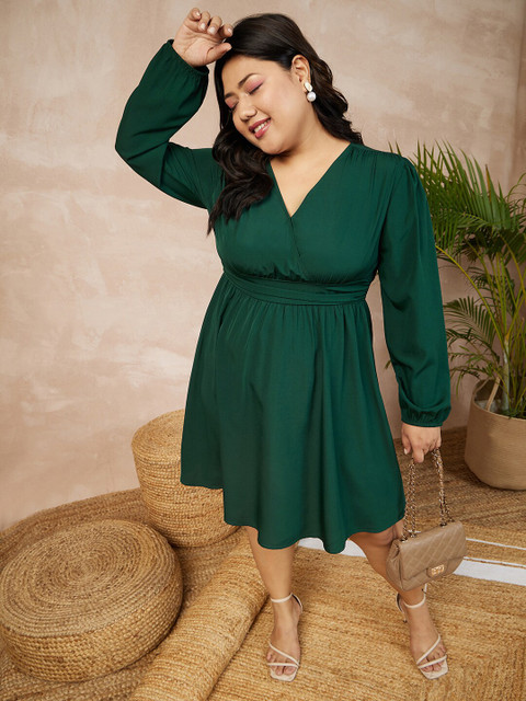 Berrylush Curve Plus Size Green Puff Sleeves Smocked Empire Dress - Image 5