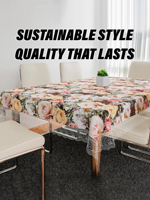 Kuber Industries White & Pink Rose Printed 6 Seater Dining Table Cloth Cover - Image 6