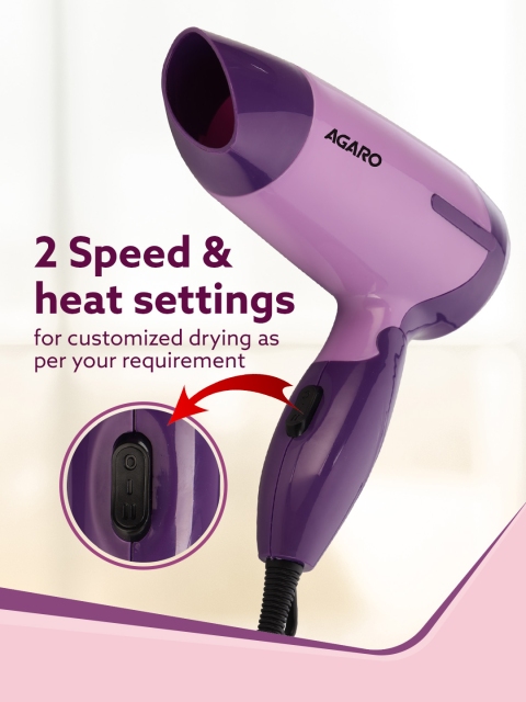 Agaro Prima 1000 W Hair Dryer with Copper Motor & 2 Speed Temperature Settings - Purple - Image 3