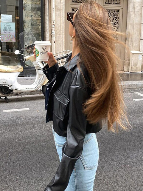 StyleCast Black Spread Collar Crop Leather Jacket - Image 7