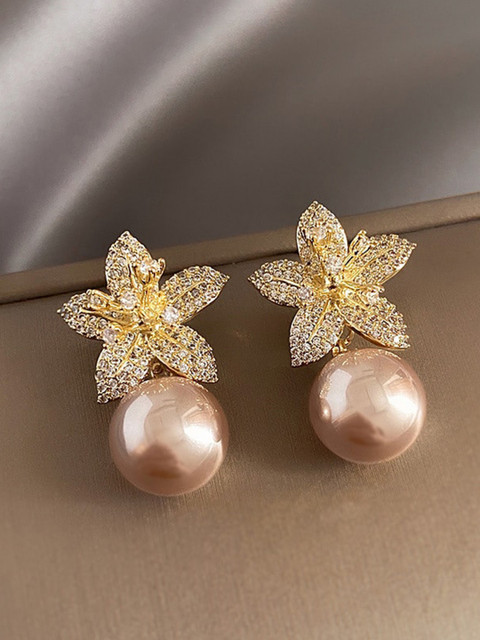 Shining Diva Fashion Gold-Pleated Pearls Contemporary Drop Earrings