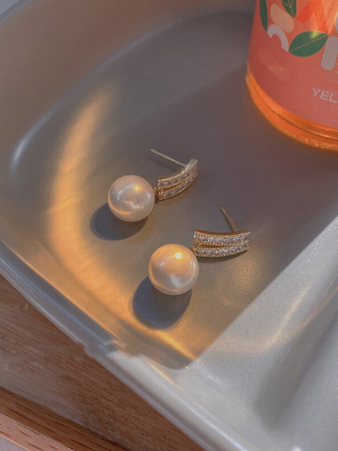 Shining Diva Fashion Gold-Plated Pearl Beaded Contemporary Drop Earrings