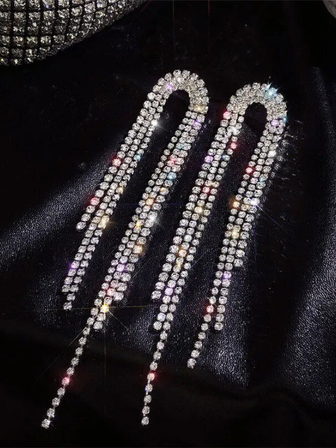 Shining Diva Fashion Silver-Plated Crystals Stone Studded Contemporary Drop Earrings