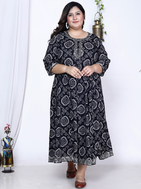 Swasti Plus Size Ethnic Motifs Printed Embroidered Maxi Dress