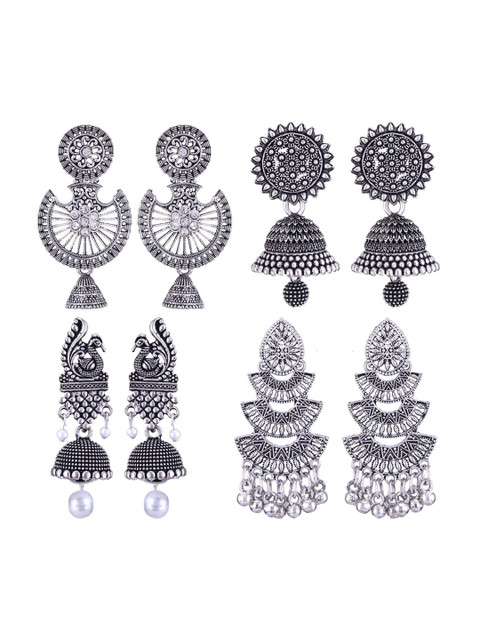 MEENAZ Set Of 4 Silver-Plated Stainless Steel Stones Studded & Beads Beaded Jhumkas
