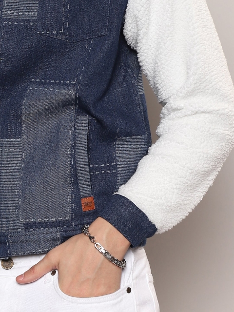 Campus Sutra Washed Windcheater Faux Fur Trim Cotton Denim Jacket - Image 5