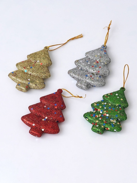 eCraftIndia Red & Silver Toned 4 Pcs Sparkly Christmas Trees - Image 5