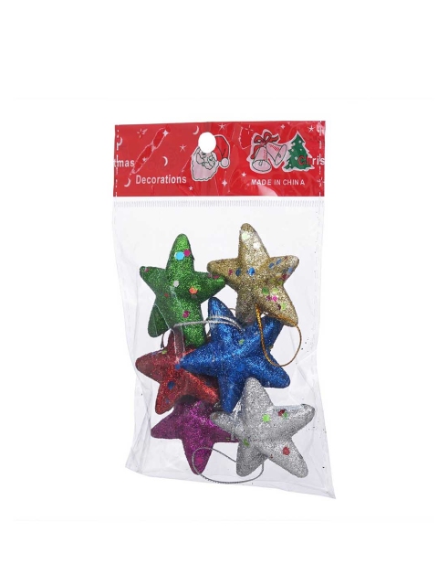 eCraftIndia Green & Red 6 Pieces Glittering Christmas Stars Tree Hanging Ornaments - Image 6
