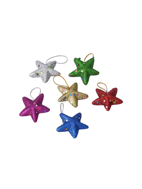 eCraftIndia Green & Red 6 Pieces Glittering Christmas Stars Tree Hanging Ornaments - Image 5