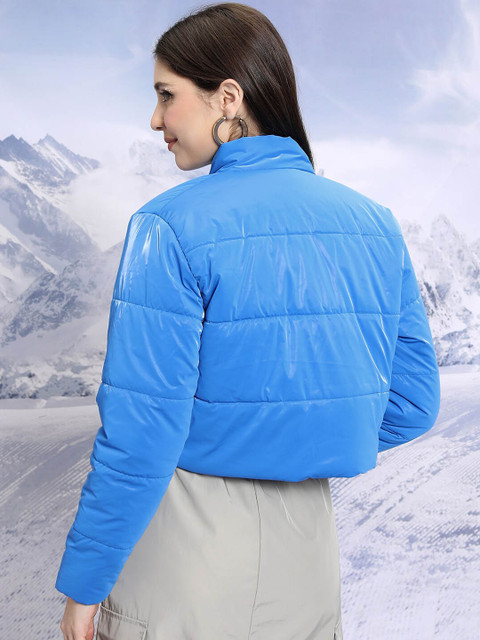 Tokyo Talkies Blue Stand Collar Crop Puffer Jacket - Image 5