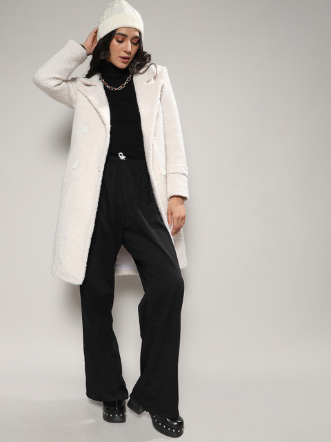 Campus Sutra White Self Design Notched Lapel Collar Longline Trench Coat