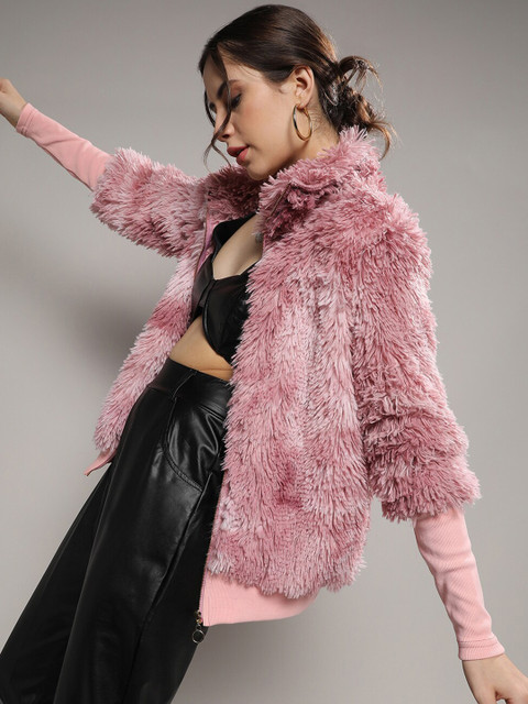 Campus Sutra Pink Mock Collar Windcheater Faux Fur Tailored Jacket