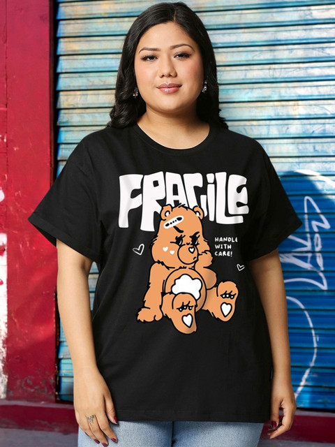 Bewakoof Plus Graphic Printed Cotton Drop-Shoulder Sleeves Relaxed Fit T-shirt