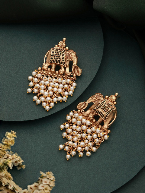 Saraf RS Jewellery Gold-Plated AD Stone Studded Contemporary Brass Drop Earrings